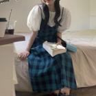 Puff-sleeve Blouse / Spaghetti Strap Gingham Midi A-line Dress