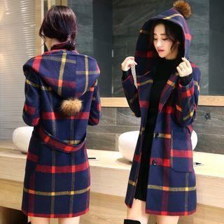 Hood Plaid Single Breasted Coat