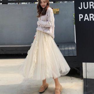 Fringed Midi A-line Mesh Skirt