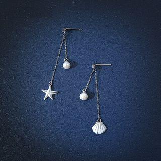 925 Sterling Silver Shell Starfish Faux Pearl Dangle Earring