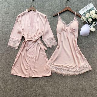Set: Lace Panel Satin Night Dress + Robe