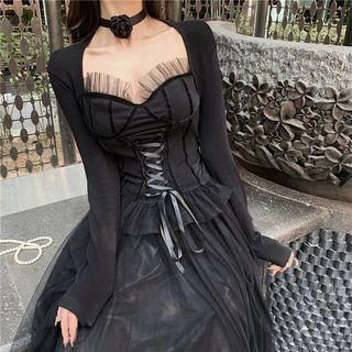 Long-sleeve Lace Up Mesh Panel Top