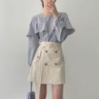 Long-sleeve Gingham Ruffled Blouse / Buttoned A-line Mini Skirt