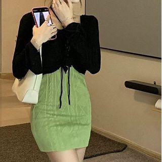 Spaghetti Strap Patterned Mini Sheath Dress / Long-sleeve Strappy Cropped T-shirt