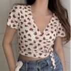 Short-sleeve Floral Print Tie-waist Crop Top Red Floral - White - One Size