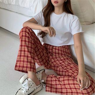 Plaid Straight-fit Pants / Short-sleeve Plain T-shirt
