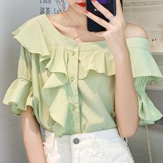Asymmetric Cold-shoulder Ruffle Trim Blouse