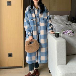 Retro Loose-fit Plaid Coat Blue - One Size