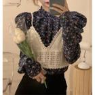 Long-sleeve Floral Blouse / Knit Cropped Camisole