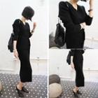 Set: V-neck Knit Top With Sash + Pencil Skirt