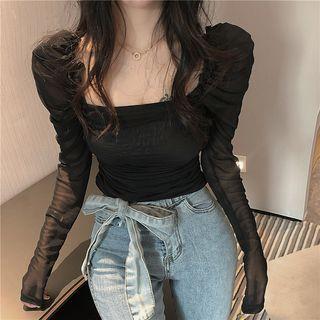 Puff Sleeve Square Neck Sheer Top
