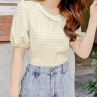 Puff-sleeve Lace Trim Plaid Blouse