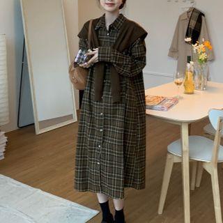 Lapel Plaid Shirtdress / Plain Shawl