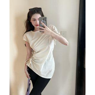 Short-sleeve Asymmetrical Top Beige - One Size