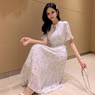 Puff-sleeve Floral Printed Lace-up Midi Dress