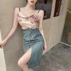 Flower Print Camisole Top / Side-slit Pencil Skirt