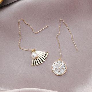 Non-matching Rhinestone Faux Pearl Fan Dangle Earring 1 Pair - As Shown In Figure - One Size