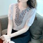 Short-sleeve Notch Neck Embroidered Blouse