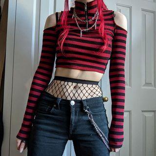 Stripe Cutout Mock Neck Long Sleeve Cropped Top