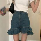 Cutout Cropped T-shirt / Ruffle Hem Denim Mini Pencil Skirt