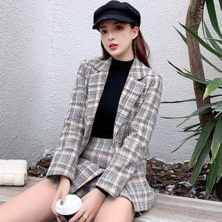 Set: Plaid Double-breasted Blazer + Mini A-line Skort