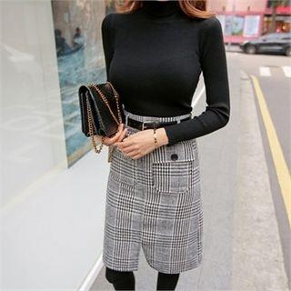 Set: Turtle-neck Knit Top + Glen-plaid Skirt With Belt
