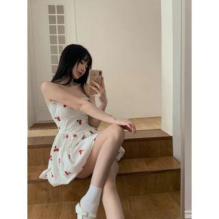 Spaghetti Strap Cherry Embroidered Mini A-line Dress