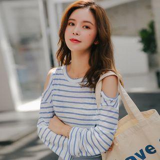 3/4-sleeve Cutout Striped Top