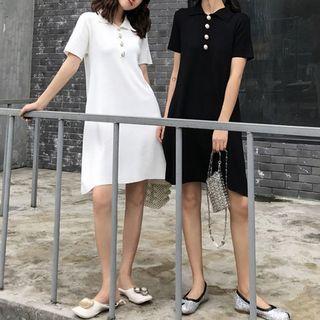 Faux Pearl Short-sleeve Polo Shirt Dress
