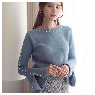 Wool Blend Slit-sleeve Faux-pearl Trim Knit Top