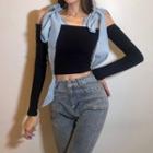 Long-sleeve Cold Shoulder Bow Crop Top Black - One Size