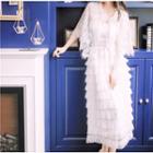 Set: Sleeveless Lace Tiered Midi Dress + Light Cape White - One Size