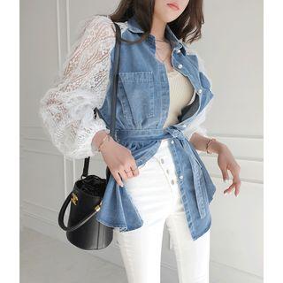 Lace-sleeve Denim Shirt With Sash Light Blue - One Size