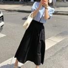 Puff-sleeve Gingham Blouse / Midi A-line Skirt