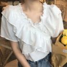 Short-sleeve Ruffled Crisscross Blouse White - One Size