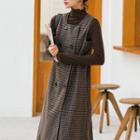 Long-sleeve Mock-neck Top / Double-breasted Check Midi A-line Overall Dress