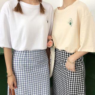 Short-sleeve Print T-shirt / Plaid A-line Skirt