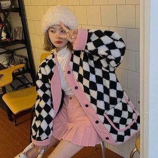 Plaid Corduroy Button-up Jacket Pink Trim - Black & White - One Size