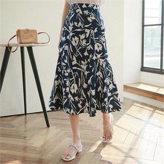 Printed Linen Blend Midi Skirt