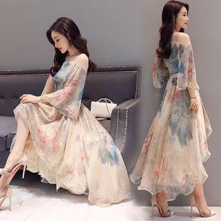 3/4-sleeve Floral Print Dip Back Midi Chiffon Dress