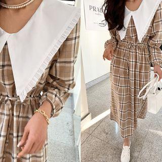 Wide-collar Tie-waist Plaid Maxi Dress Beige - One Size