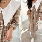 Wide-collar Tie-waist Plaid Maxi Dress Beige - One Size