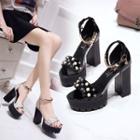 Block-heel Platform Beaded Sandals