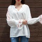 Long-sleeve Frill-cuff Embroidered Top