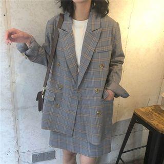 Double-breasted Plaid Blazer / High-waist Plaid A-line Skirt