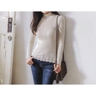 Mock-neck Scallop-edge Rib-knit Top