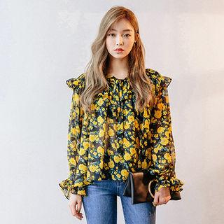 Smocked-yoke Floral Chiffon Top