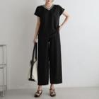 Set: Cap-sleeve Contrast-trim T-shirt + Pants