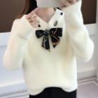 Long-sleeve V-neck Sweater With Print Necktie