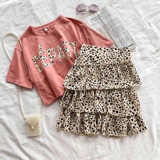 Set: Short-sleeve T-shirt + Leopard Print Tiered Mini Skirt